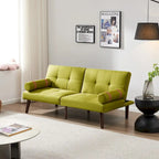 Divano letto futon convertibile con gambe in legno massello in tessuto di lino verde senape