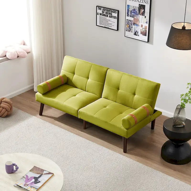 Divano letto futon convertibile con gambe in legno massello in tessuto di lino verde senape