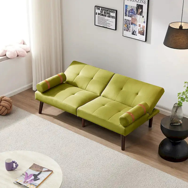 Divano letto futon convertibile con gambe in legno massello in tessuto di lino verde senape