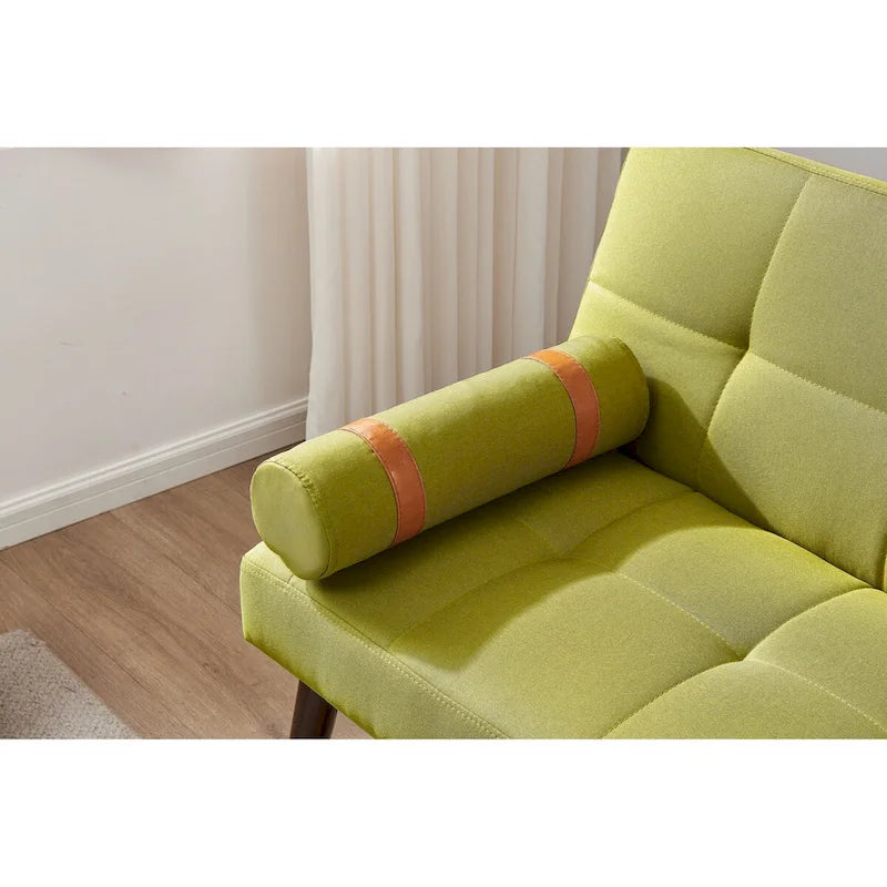Divano letto futon convertibile con gambe in legno massello in tessuto di lino verde senape