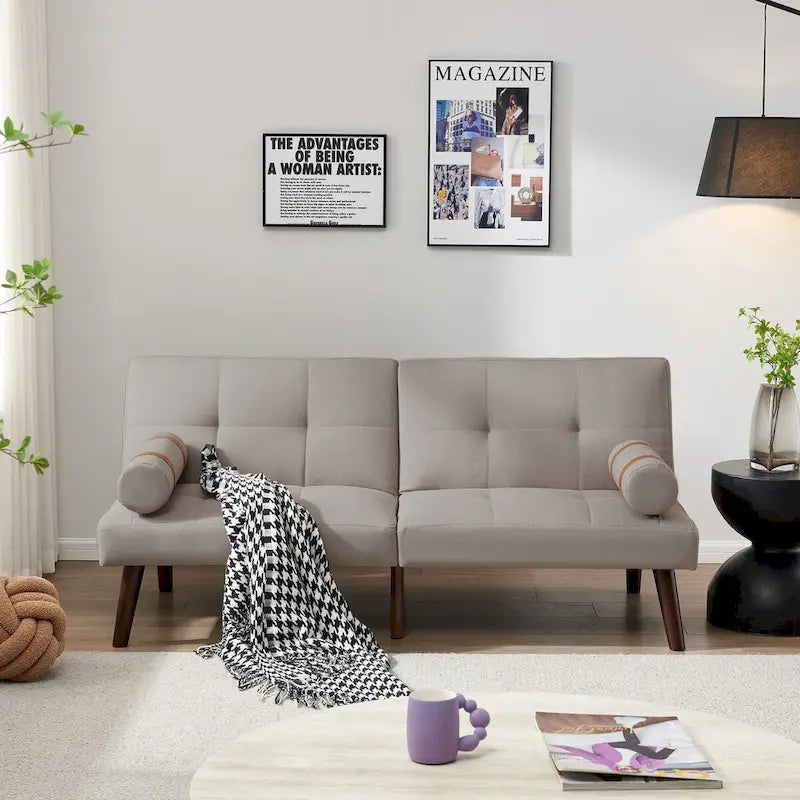 Divano letto futon convertibile con gambe in legno massello in tessuto di lino verde senape