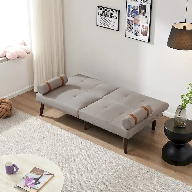 Divano letto futon convertibile con gambe in legno massello in tessuto di lino verde senape