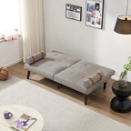 Divano letto futon convertibile con gambe in legno massello in tessuto di lino verde senape