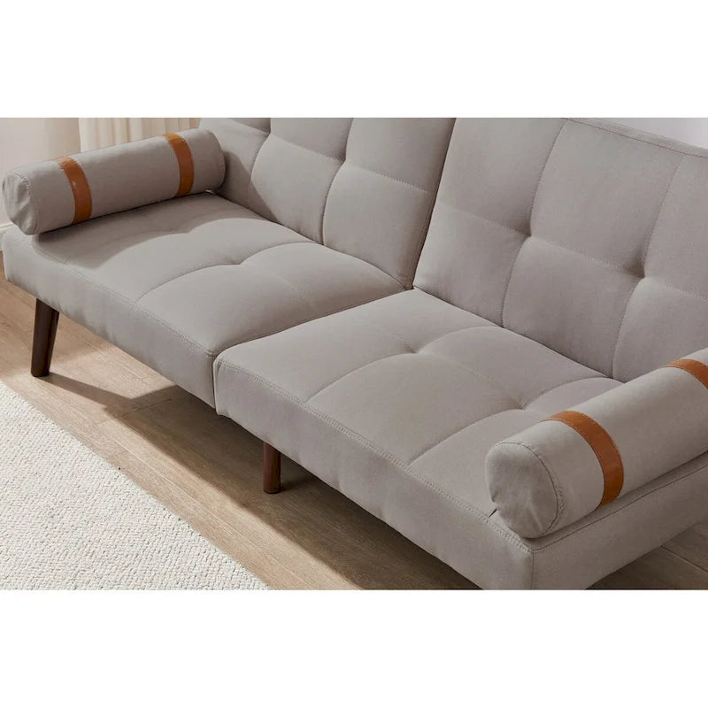 Divano letto futon convertibile con gambe in legno massello in tessuto di lino verde senape