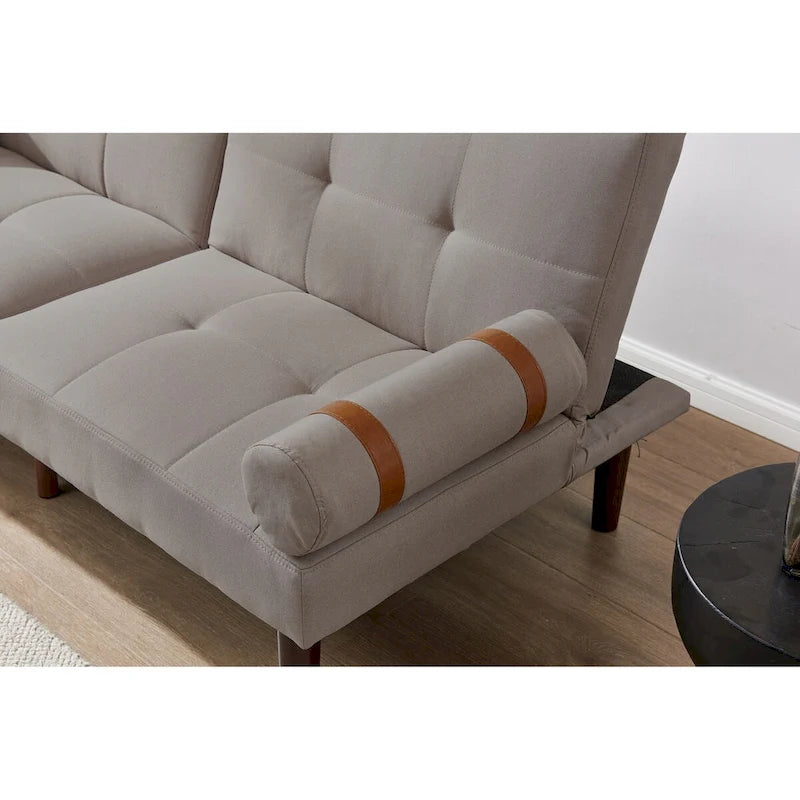 Divano letto futon convertibile con gambe in legno massello in tessuto di lino verde senape