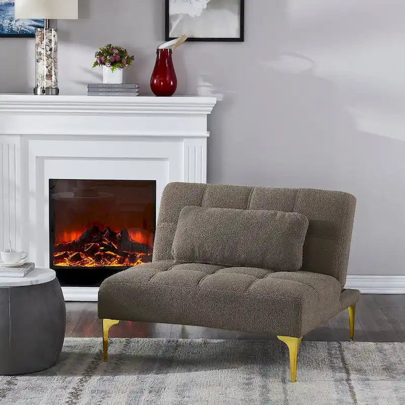 Divano letto futon convertibile con gambe in legno massello in tessuto di lino verde senape