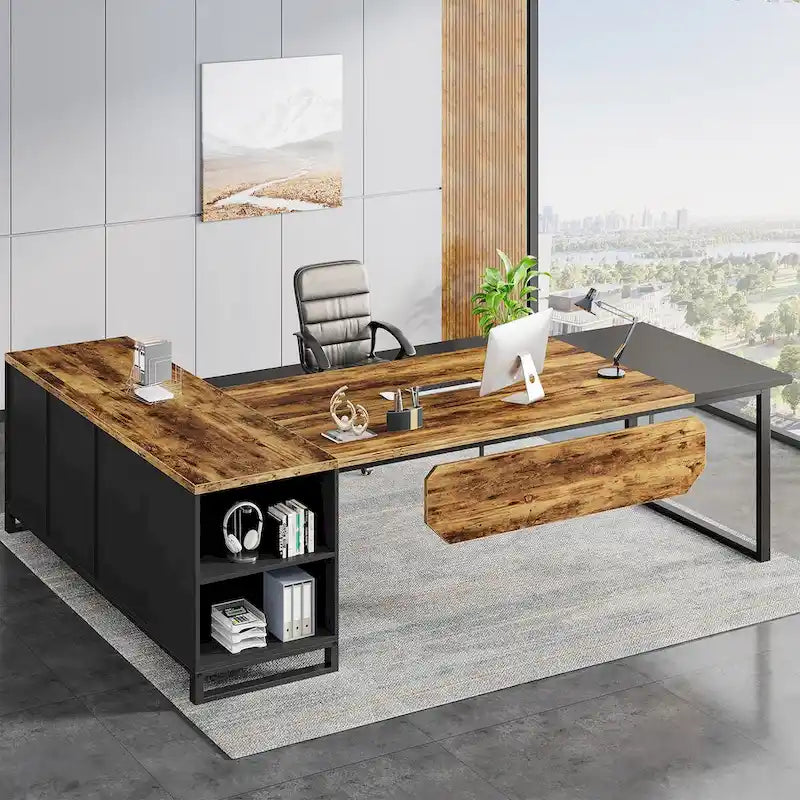 70.8-Inch Executive Desk with 55-Inch File Cabinet, Large L Shaped Computer Desk with Storage Cabinet and Shelves