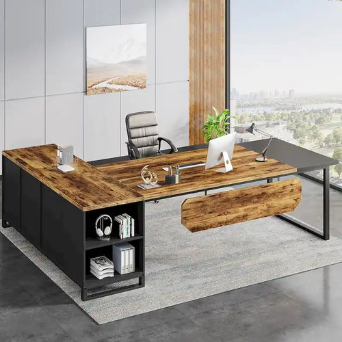 70.8-Inch Executive Desk with 55-Inch File Cabinet, Large L Shaped Computer Desk with Storage Cabinet and Shelves